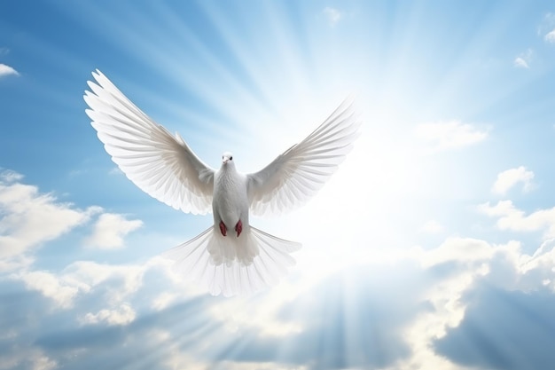 Premium AI Image | a white dove flying over the sun in a cloudy sky in ...