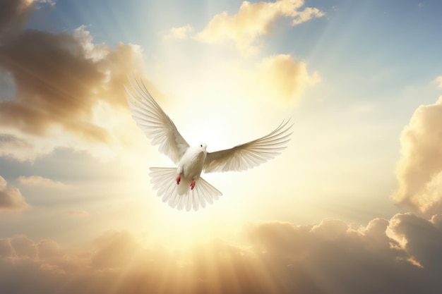 a white dove flying over the sun in a cloudy sky in the religious style Generative AI