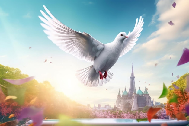 White dove flying in sunny sky World peace day pigeon symbol on clear blue space Generate ai