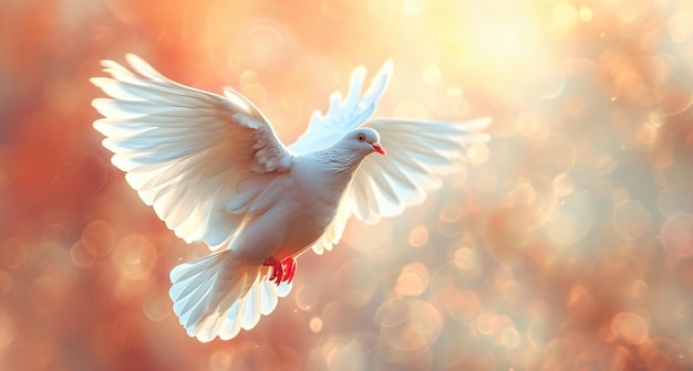 Photo a white dove flying through the sky against a bright background