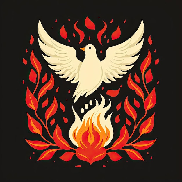 a white dove flying up a flame symbolizing peace in the style of whimsical folk art illustrations