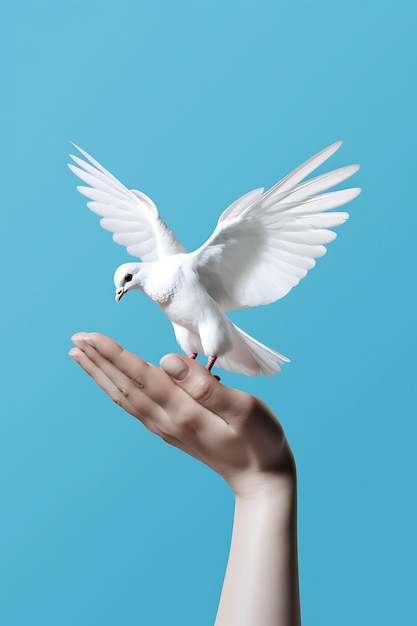 White dove in human hand on blue background ai generated