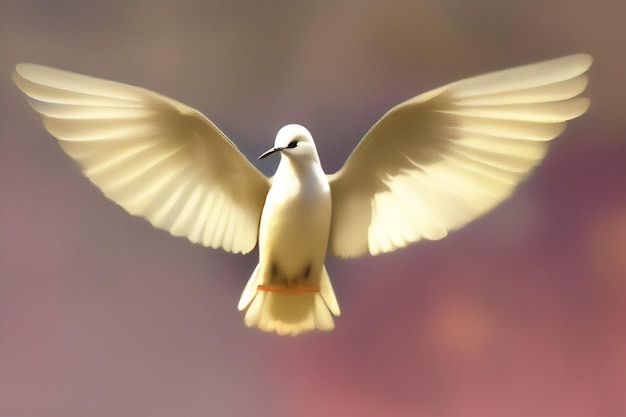 白い鳩が翼を広げて空を飛んでいます。