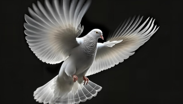 A white dove is flying in the air with its wings spread.