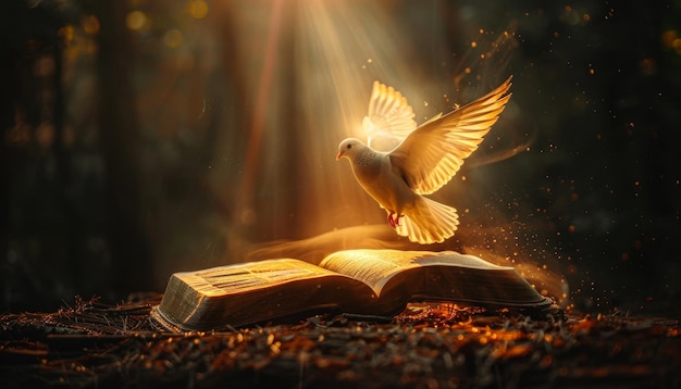 A white dove is flying over an open book by ai generated image