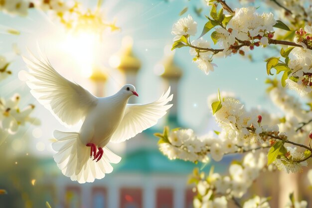 a white dove is flying in the sky in light sun rays