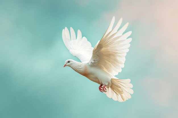 a white dove is flying in the sky in light sun rays