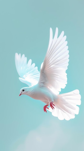 белый голубь летит в небе в светлых солнечных лучах