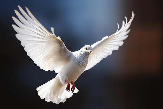 A white dove is flying in the sky with its wings spread.