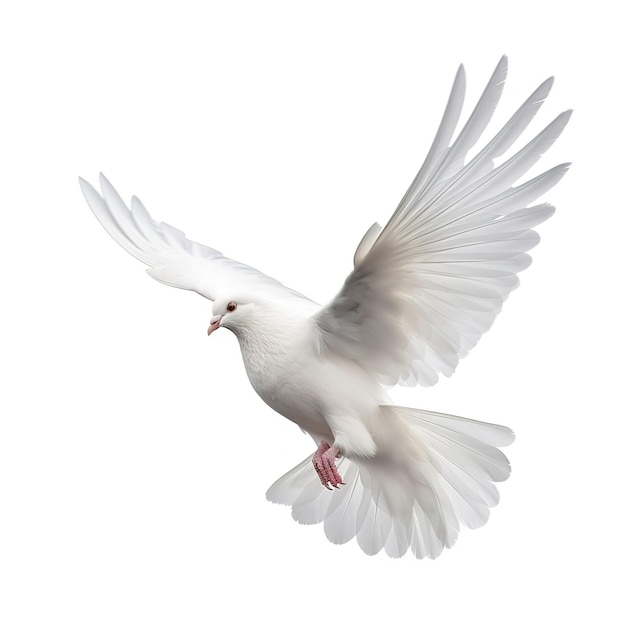 하얀 비둘기가 날개를 활짝 펴고 날고 있다.