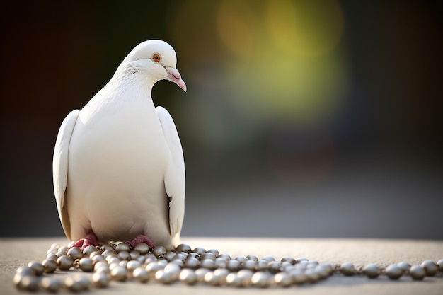 White Dove Sitting on Prayer Beads