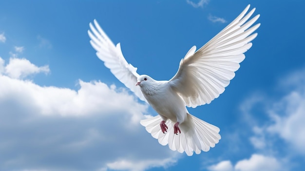 White dove soaring against cloudy blue sky GENERATE AI