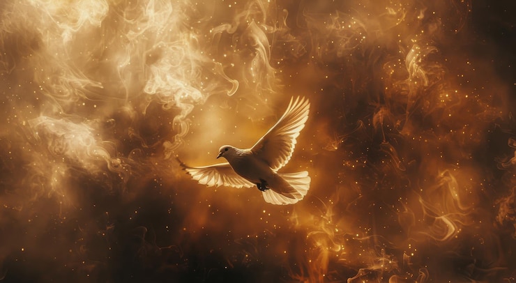 Photo white dove soaring through orange smoke