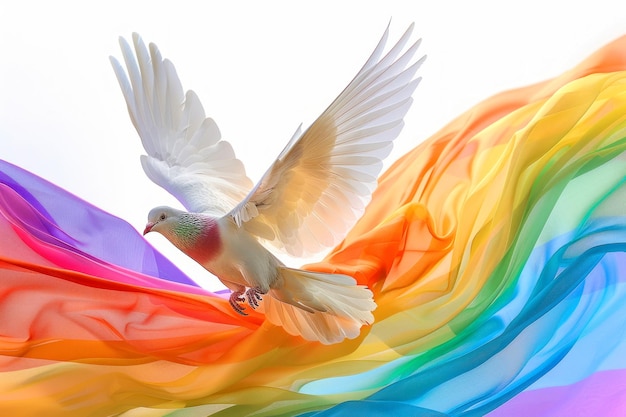 Photo a white dove soars through a colorful swirl of fabric symbolizing peace hope and unity