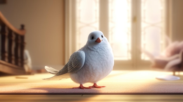 A white dove stands on a table in front of a window.