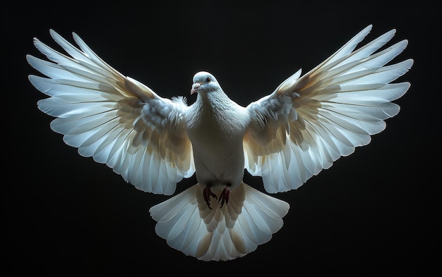 White dove A white pigeon with open wings isolated on black