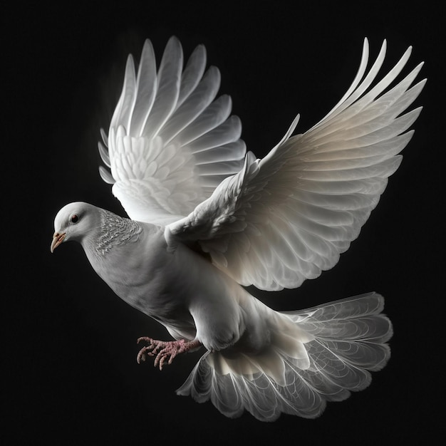 A white dove with a black background and the wings spread out.