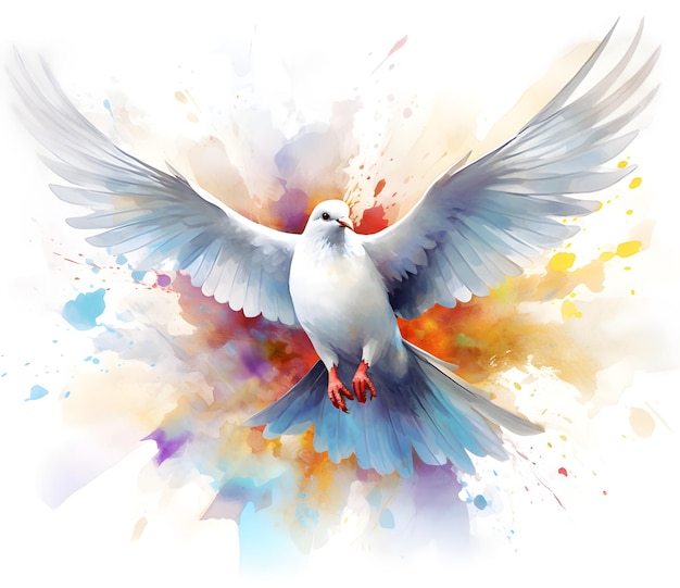 A white dove with blue wings is flying in front of a colorful background.