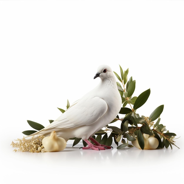 White dove with green olive tree isolated on a white background