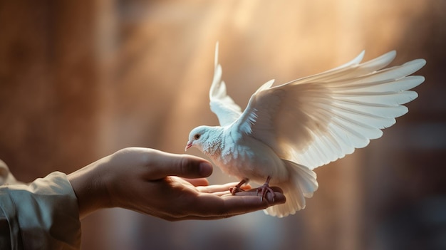 белый голубь с рукой на фоне птицы