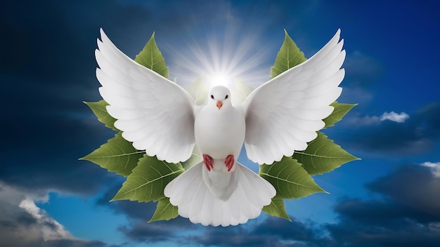 White dove with leaves and light shining through the dark clouds in the blue sky