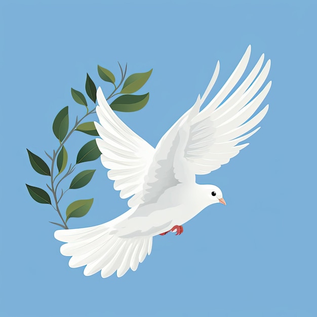 Foto colomba bianca con ramo d'olivo in volo su uno sfondo blu