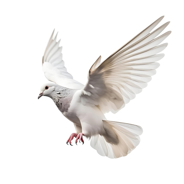 A white dove with a red eye is flying in front of a white background.