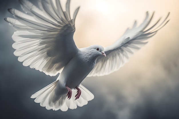 A white dove with wings spread in the air