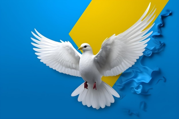 A white dove with wings spread in front of a blue and yellow background