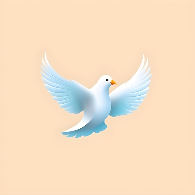 A white dove with wings spread is flying in front of a light orange background.