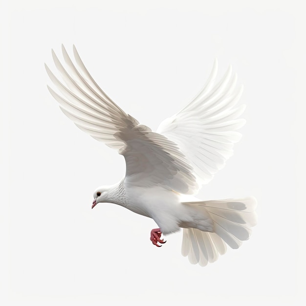 A white dove with wings spread is flying in the sky.