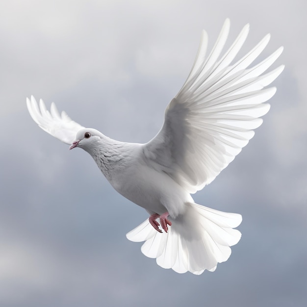 A white dove with wings wide open and the word peace on it.