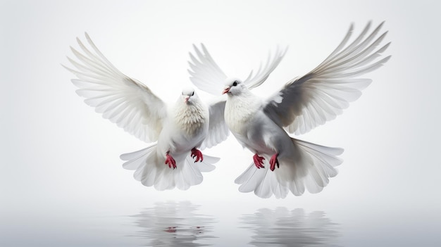 Белые голуби, летающие в изоляции на белом фоне. Надежда и свобода.