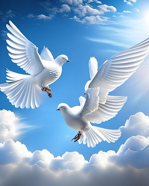 사진 하늘을 나는 평화의 상징인 흰 비둘기