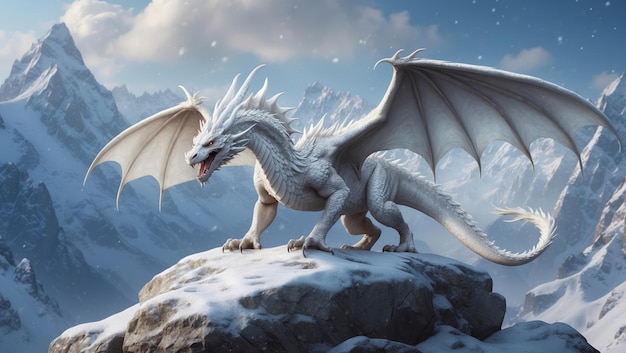 Белый дракон ревет и разворачивает крылья на скале.