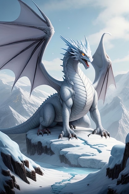 White dragon on a snowy mountain 3d illustration fantasy