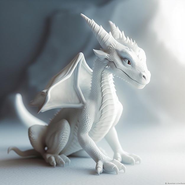 A white dragon statue with a blue eye and a red eye.