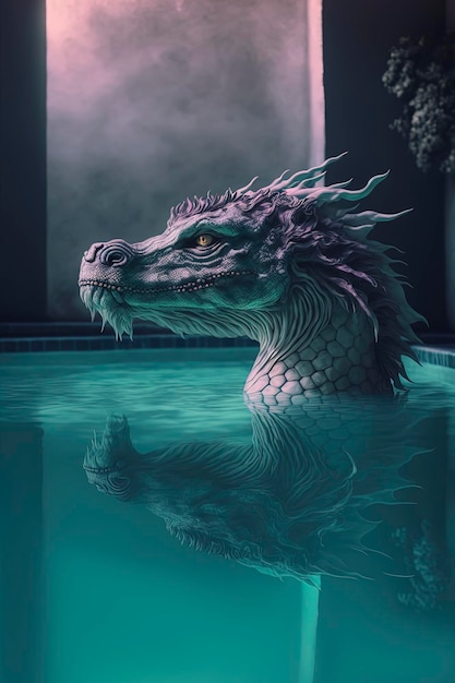 Белый дракон плавает в бассейне Генеративный ИИ