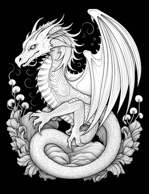 A white dragon with a black background and a black background generative ai