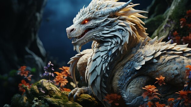 white dragon with glowing eyes sitting on the rock on fantasy colorful forest Generative AI