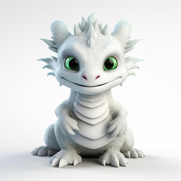 A white dragon with green eyes sits on a white surface.