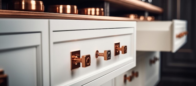 White drawer cabinet wit copper handel close up