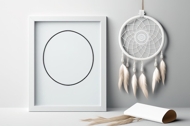 White dream catcher and photo frame mockup on a white wall