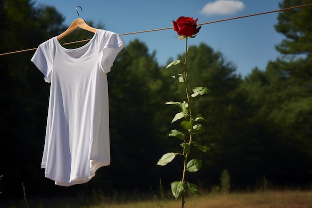 white dress hanging on a clothesline with a rose on the top