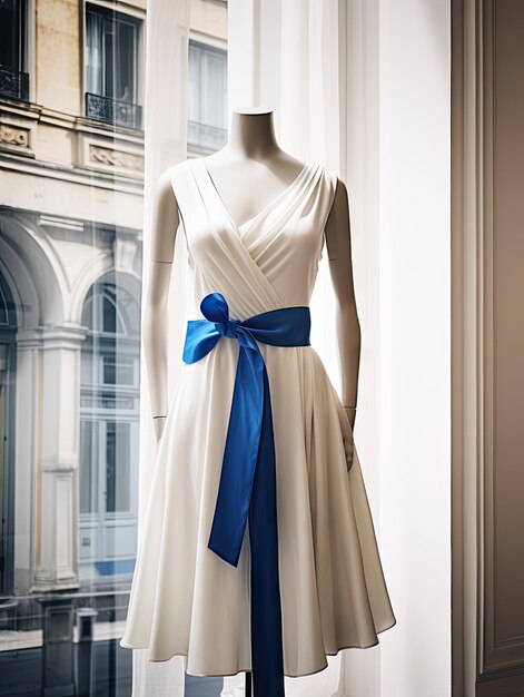 A white dress with a blue sash on a mannequin ai generated