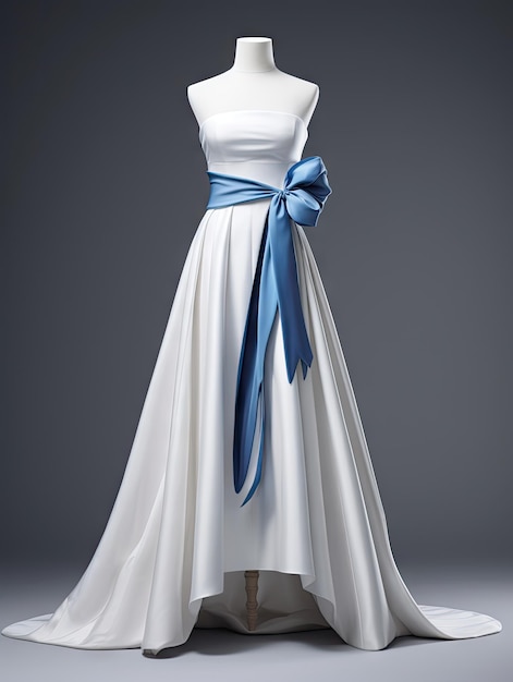 A white dress with a blue sash on a mannequin ai generated