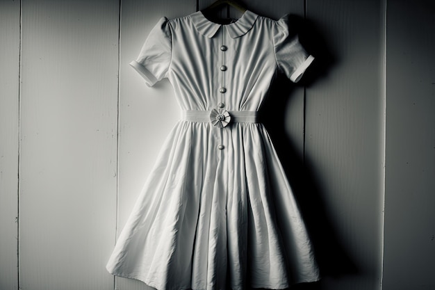 A white dress with a button on it hangs on a wall.