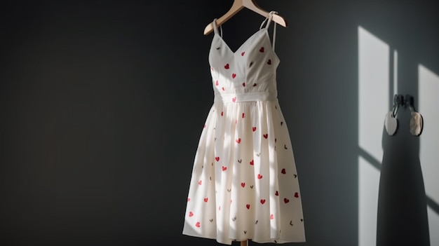 A white dress with red hearts on it is hanging on a hanger.