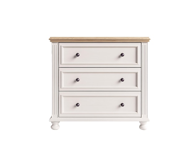 a white dresser with black knobs