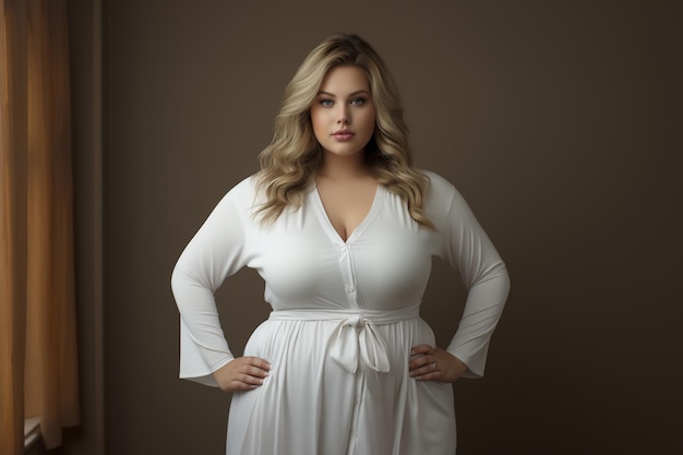 White dresses Plussize fat lady to a clothing store wall